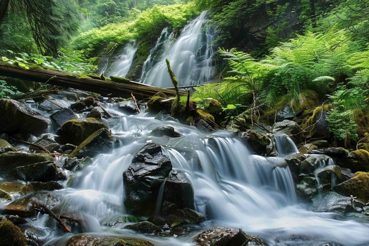 Pintler waterfalls in Montana flows over mossy rocks in a lush forest.