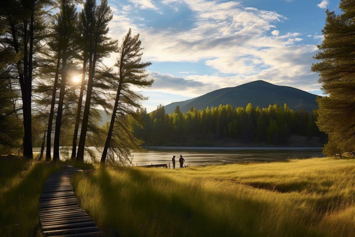 Two people enjoy a leisurely stroll along a scenic boardwalk near a picturesque lake in Montana.