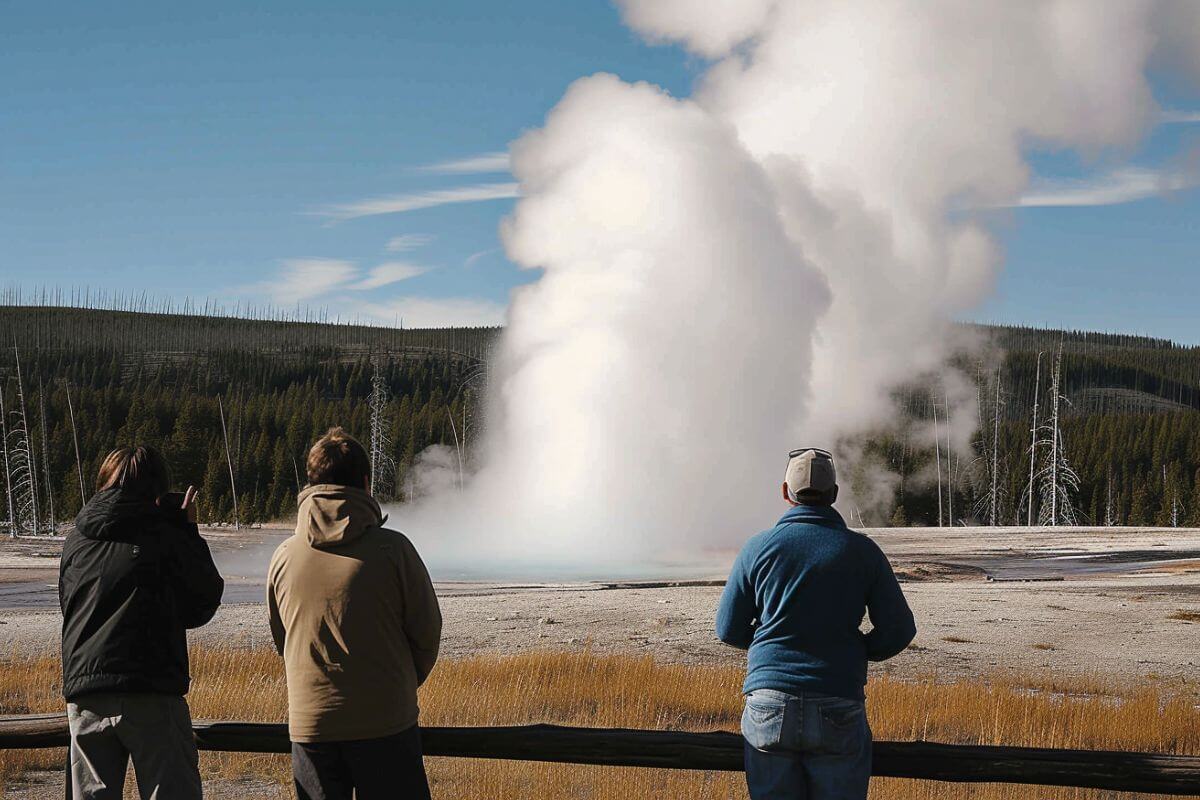 A group of people looking at a geyser in Yellowstone National Park, Montana.