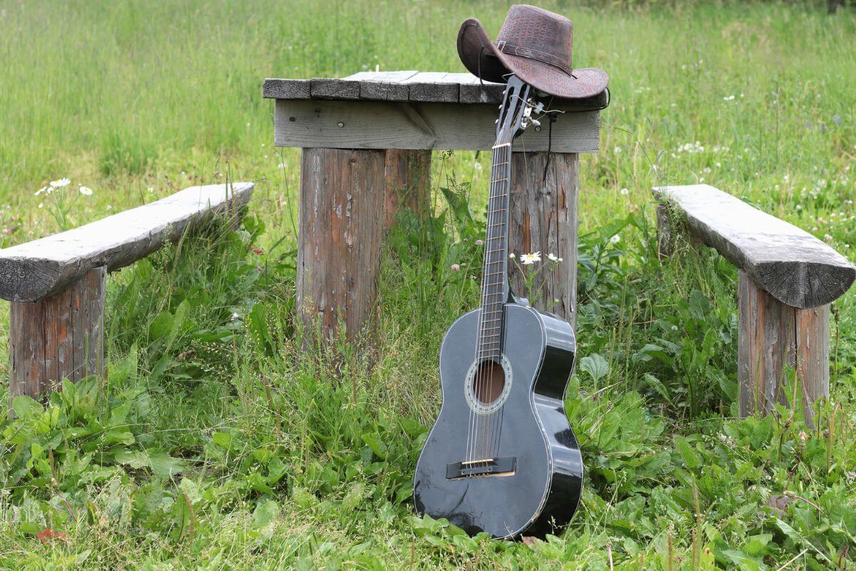 An acoustic guitar sits on a bench in the grass in Montana.