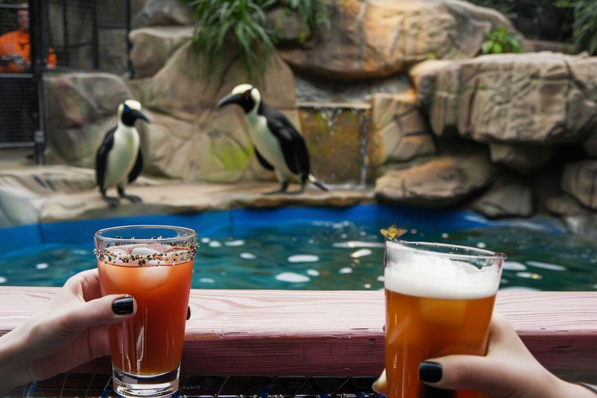 Two people holding glasses of beer in front of penguins at A Wild Affair event in ZooMontana.