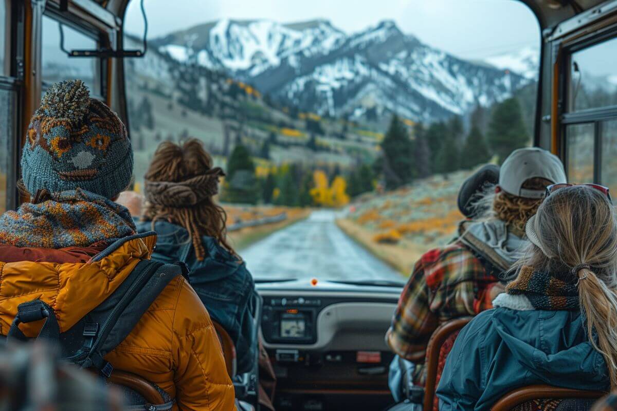 Travelers aboard a bus from American West Tours enjoy one of their Montana bus tours.