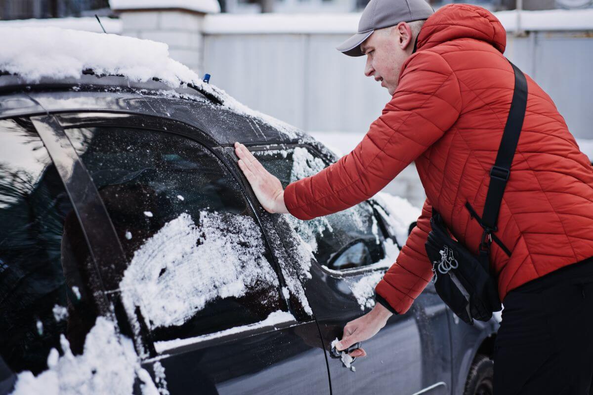 A man wipes away snow from his car's windows in Montana