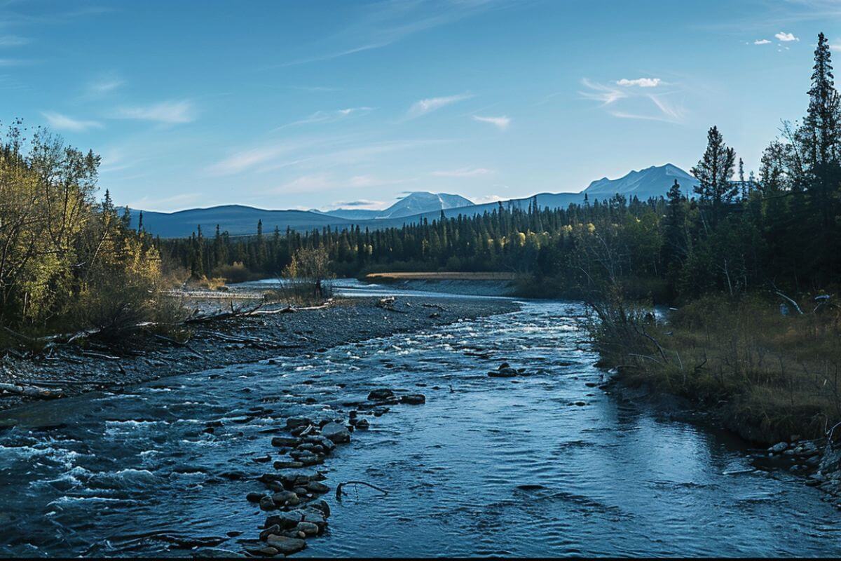 A calm river flows through a rocky area, with thick trees on both sides. Distant mountains rise under a clear blue sky in the background.