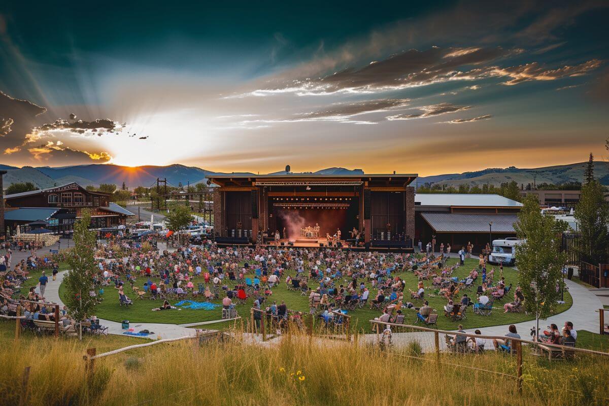 A large group of people sitting on grass outside an amphitheater in Montana.