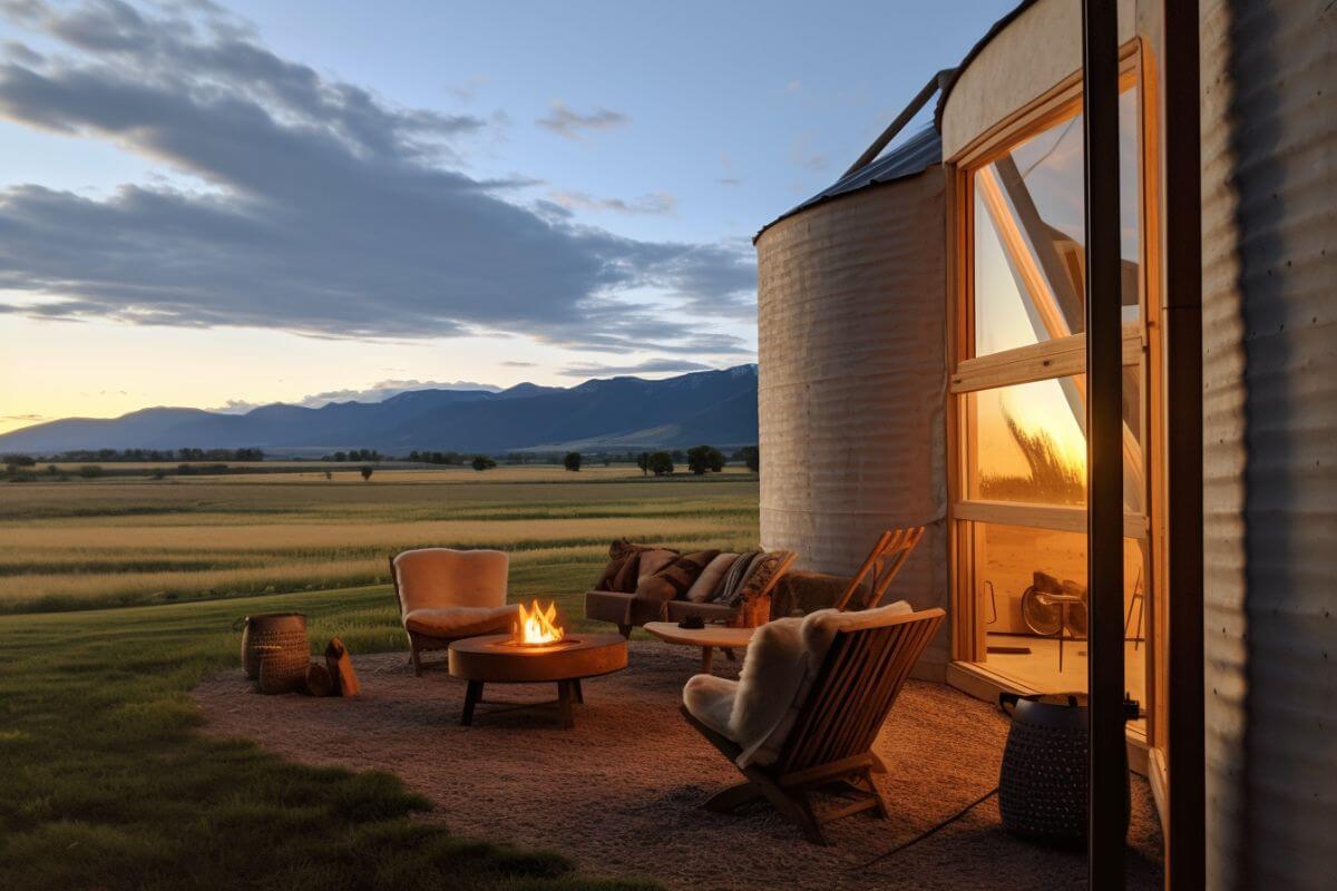 A cozy outdoor living space with an outdoor fire pit in a grassy field in Montana.