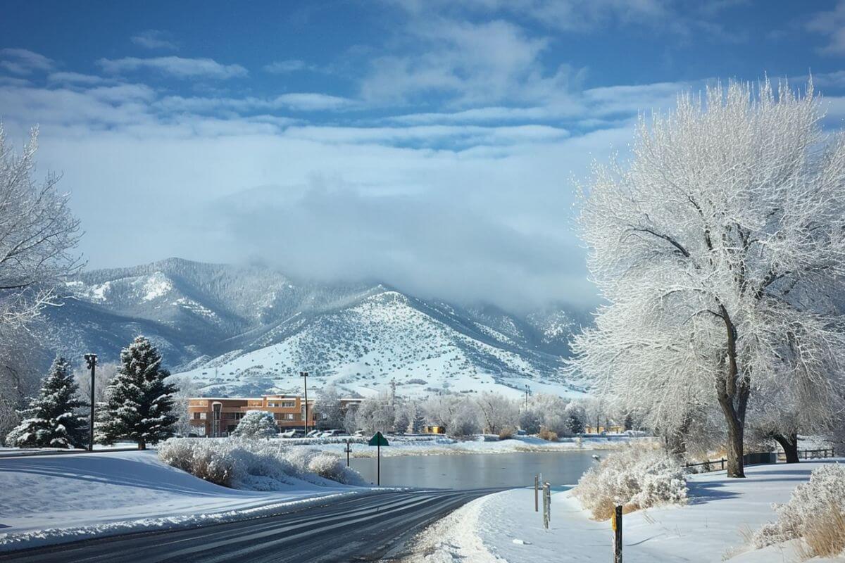 A Montana winter scene set against majestic snow-covered mountains