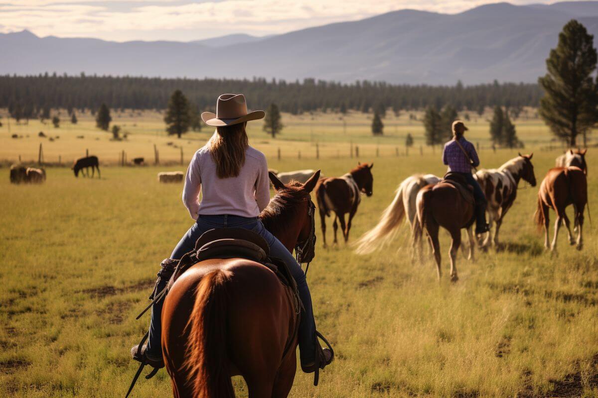 Two women enjoying a girls' getaway as they ride horses on a ranch in Montana.