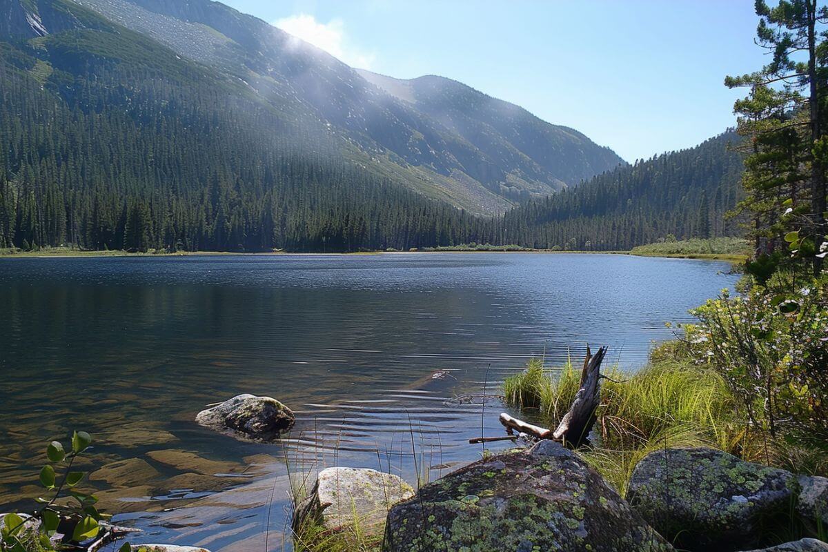 Dolus Lake surrounded by a dense pine forest, a location near Rock Creek Falls in Montana.