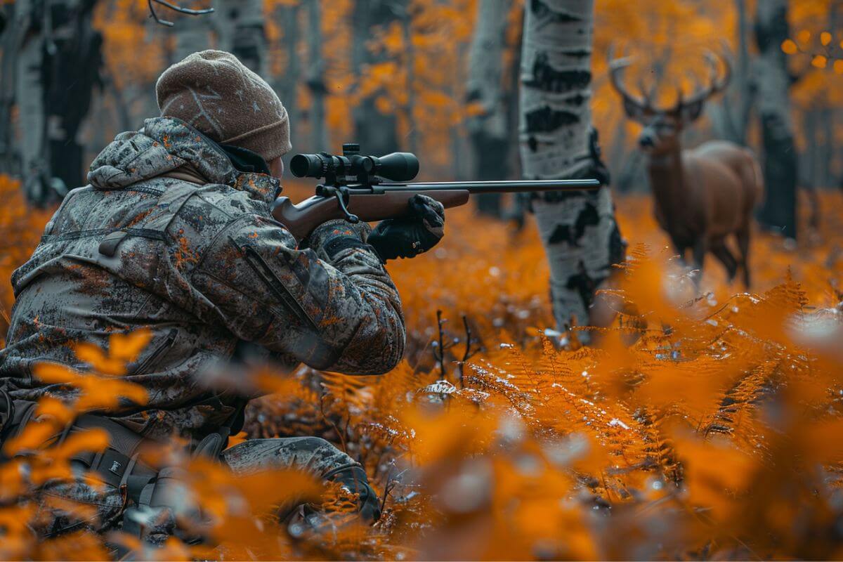 A hunter in camouflage aims his rifle at an unsuspecting buck in a Montana forest.