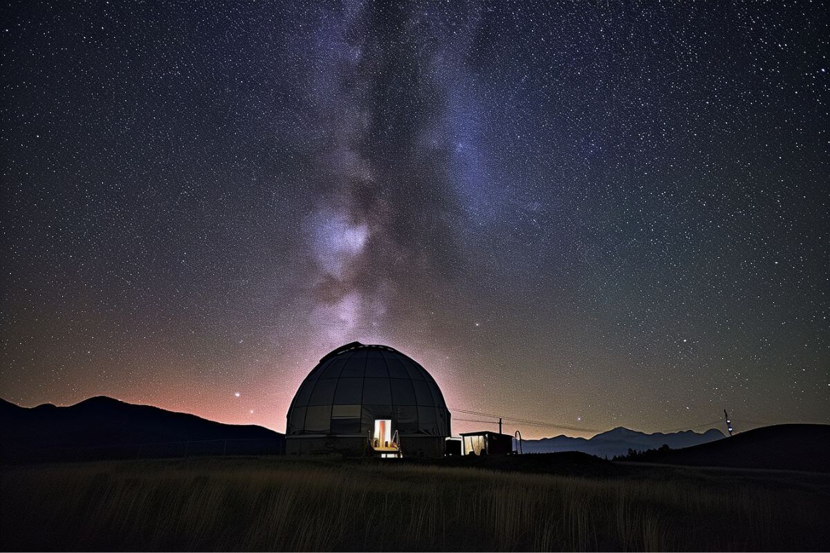 A dome-shaped building in a field surrounded by stars in the sky.