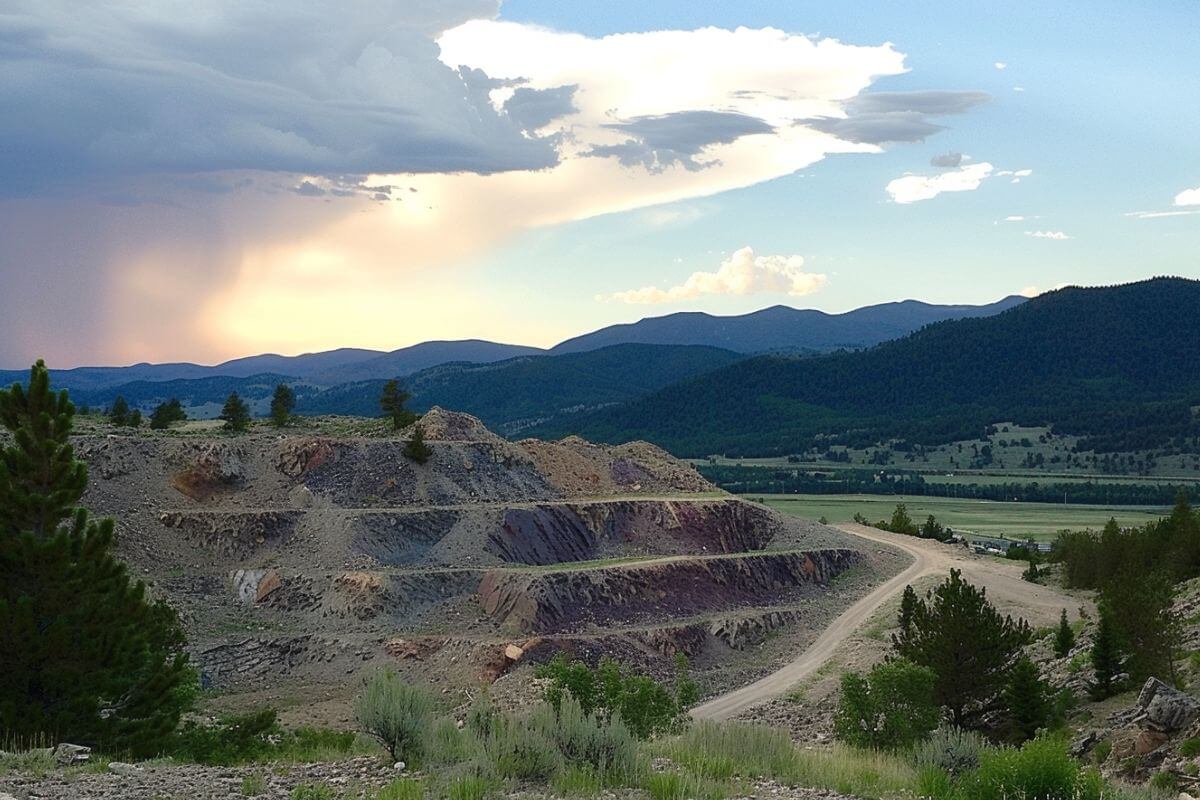 A stormy sky over a dirt road at Eldorado Sapphire Mine, Montana with mountains in the background.