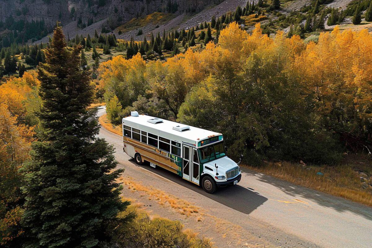 A bus driving down a road in Montana, surrounded by trees with the stunning natural landscape in the background.