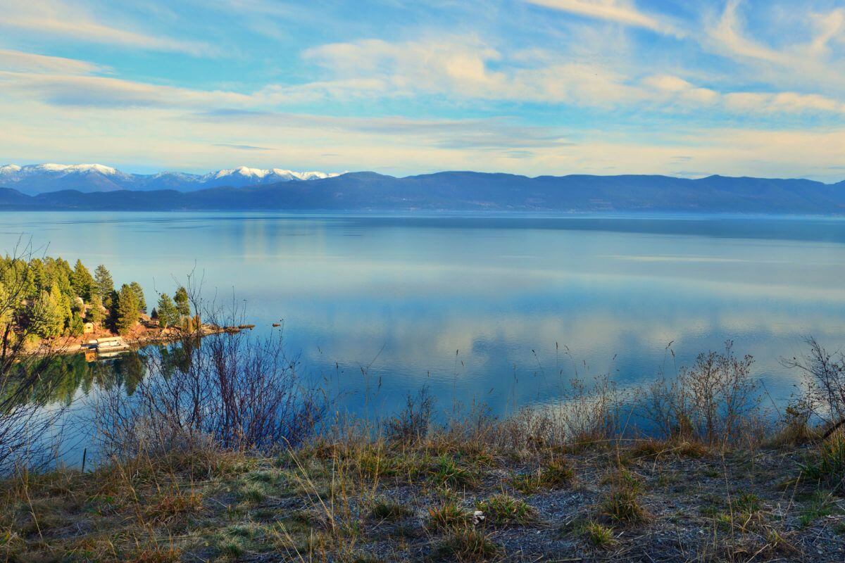 The view of Flathead Lake, Montana from the top of a hill.
