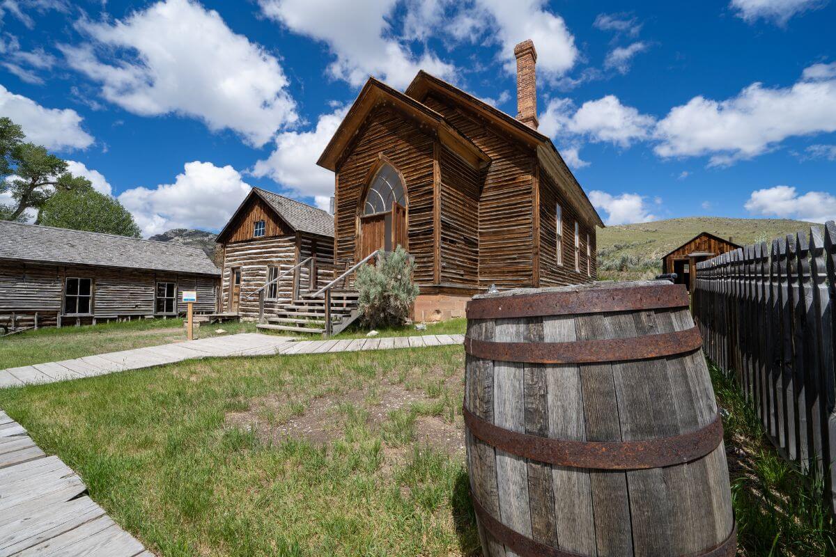 Historic wooden buildings in a Montana ghost town.