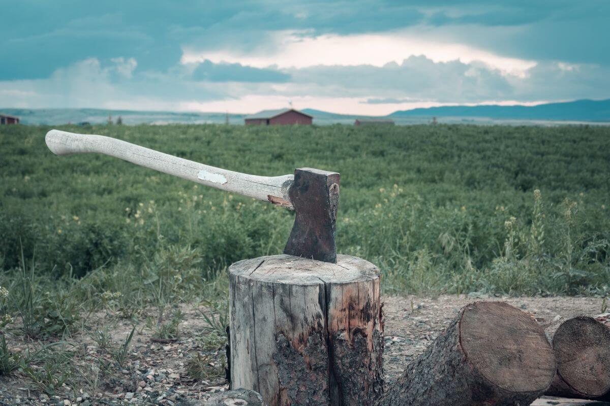 An axe sitting on top of a log in a Montana field on a homestead property