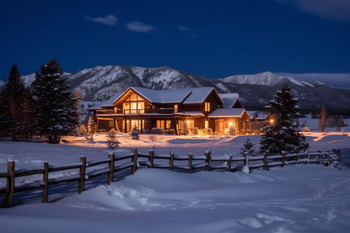 A winter home nestled in the Montana snow, with mountains in the background.