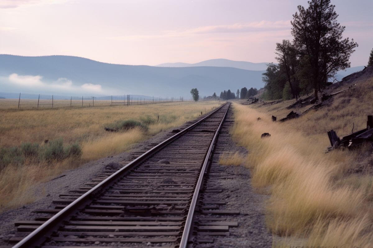 A railroad track in the middle of a field with mountains in Montana.