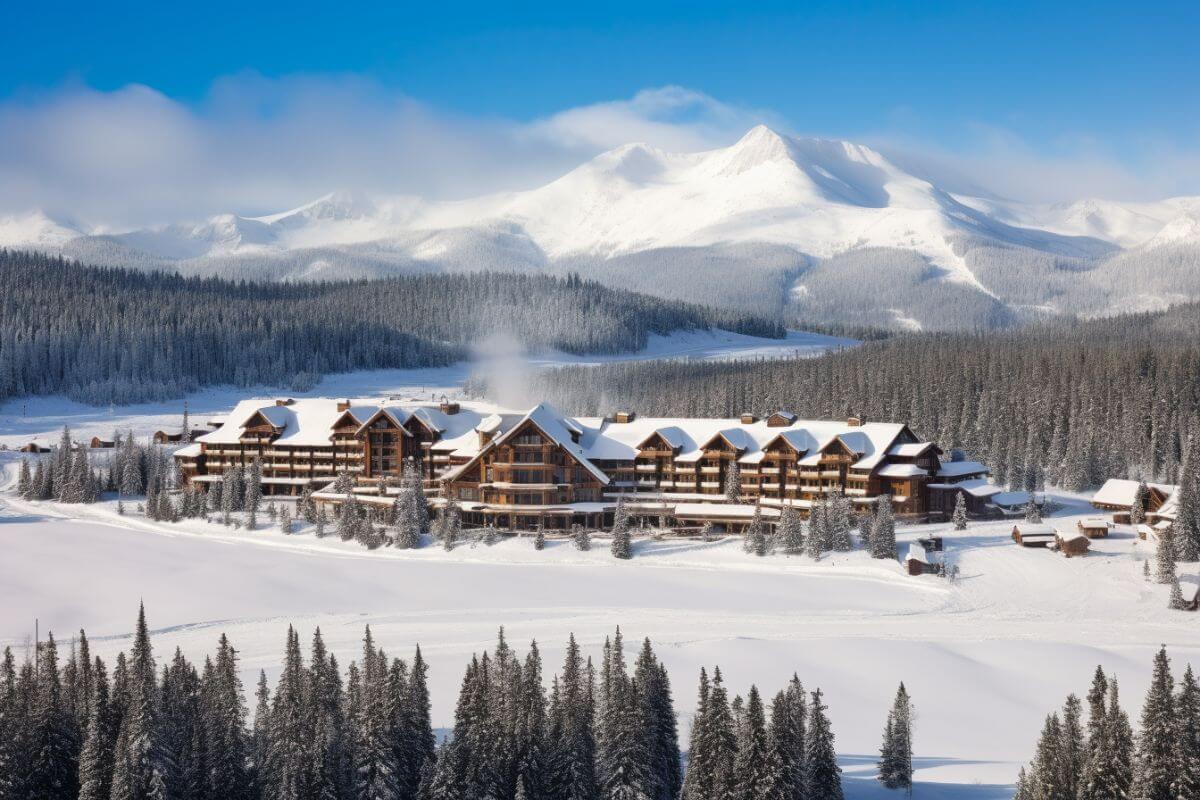 A large cabin-like hotel in Montana sits amid a snowy landscape surrounded by mountains.

