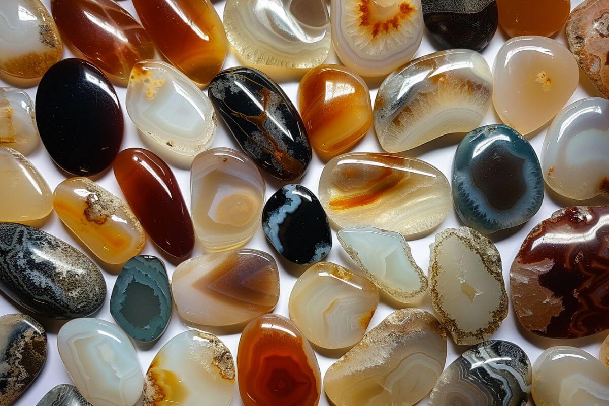 A collection of Montana Agate stones in various vibrant colors.