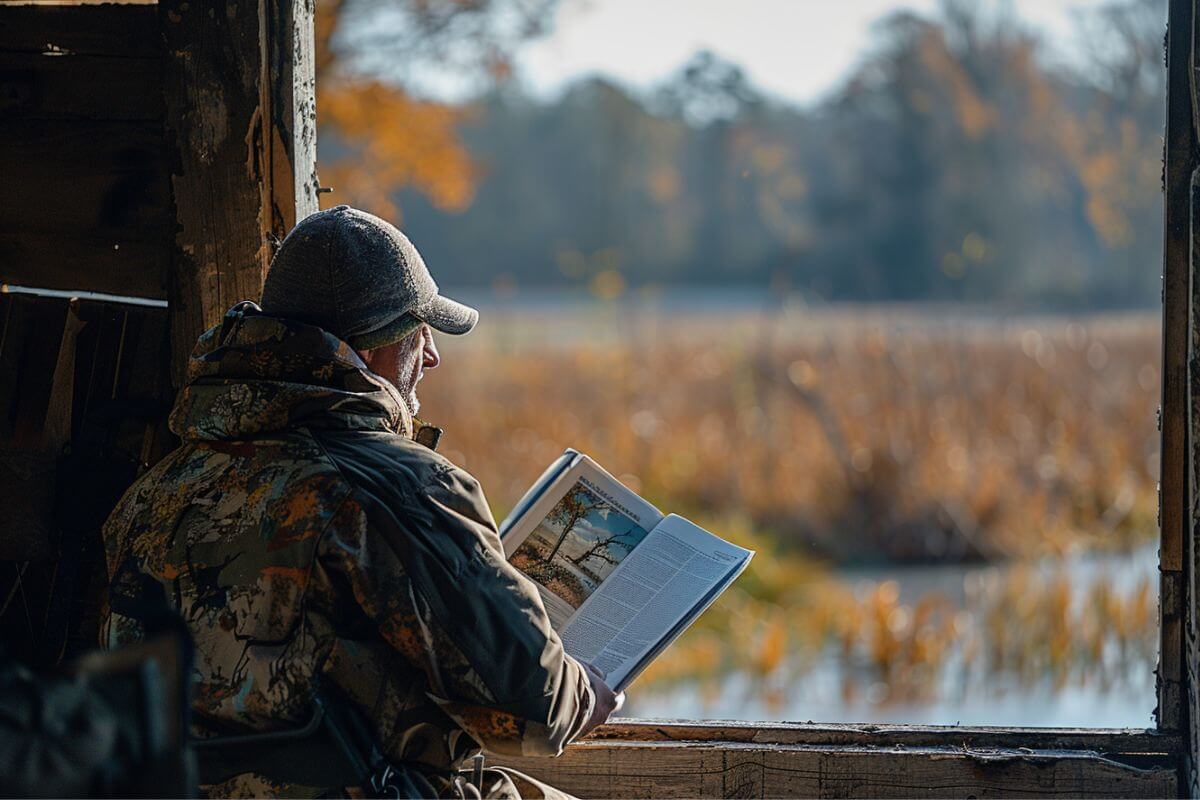 A hunter reads about bear hunting regulations in Montana by the window of his hunting cabin.