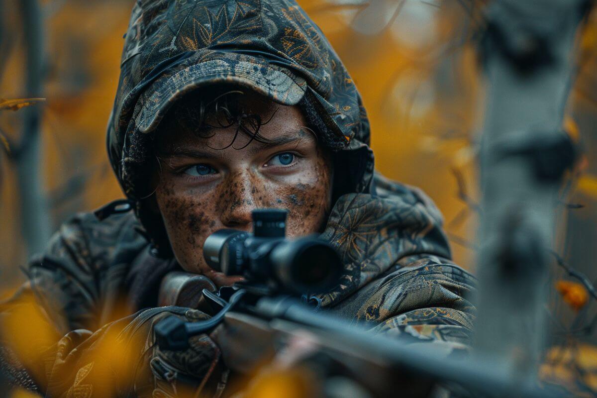 A young hunter aims his rifle at a target during a DIY spring bear hunt in Montana