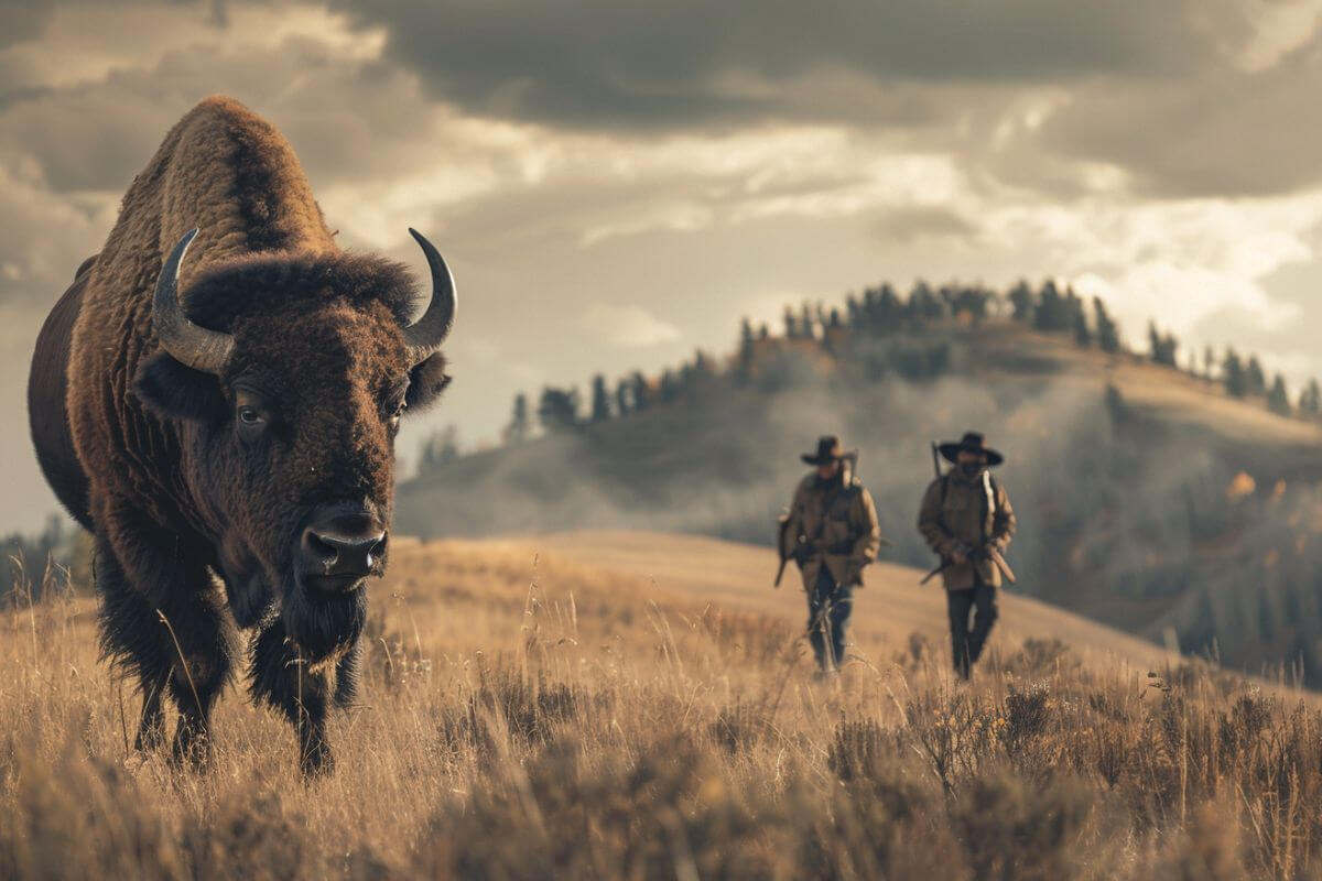 Two hunters walking through a Montana field with a buffalo at the front.