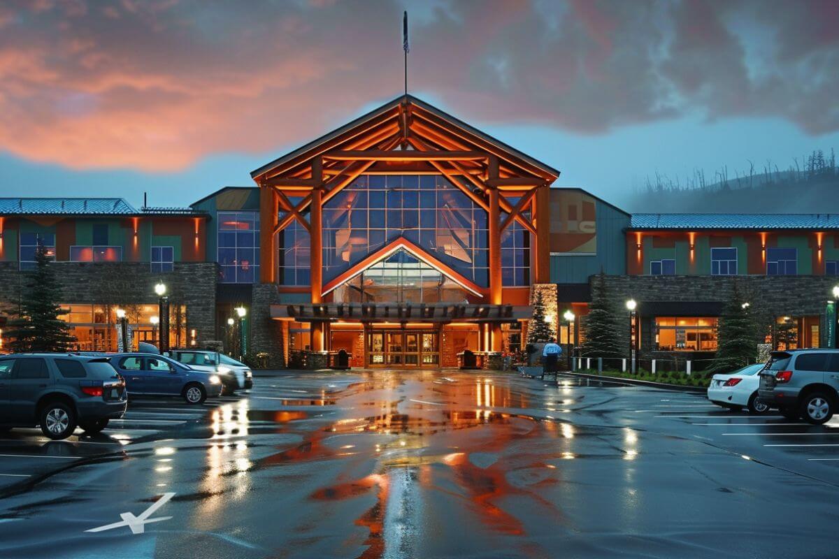 A large, well-lit casino building in Montana with cars park in front.