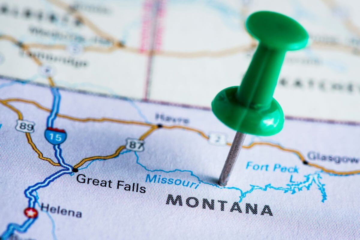 A green pin is pinned on Montana's position on a map.