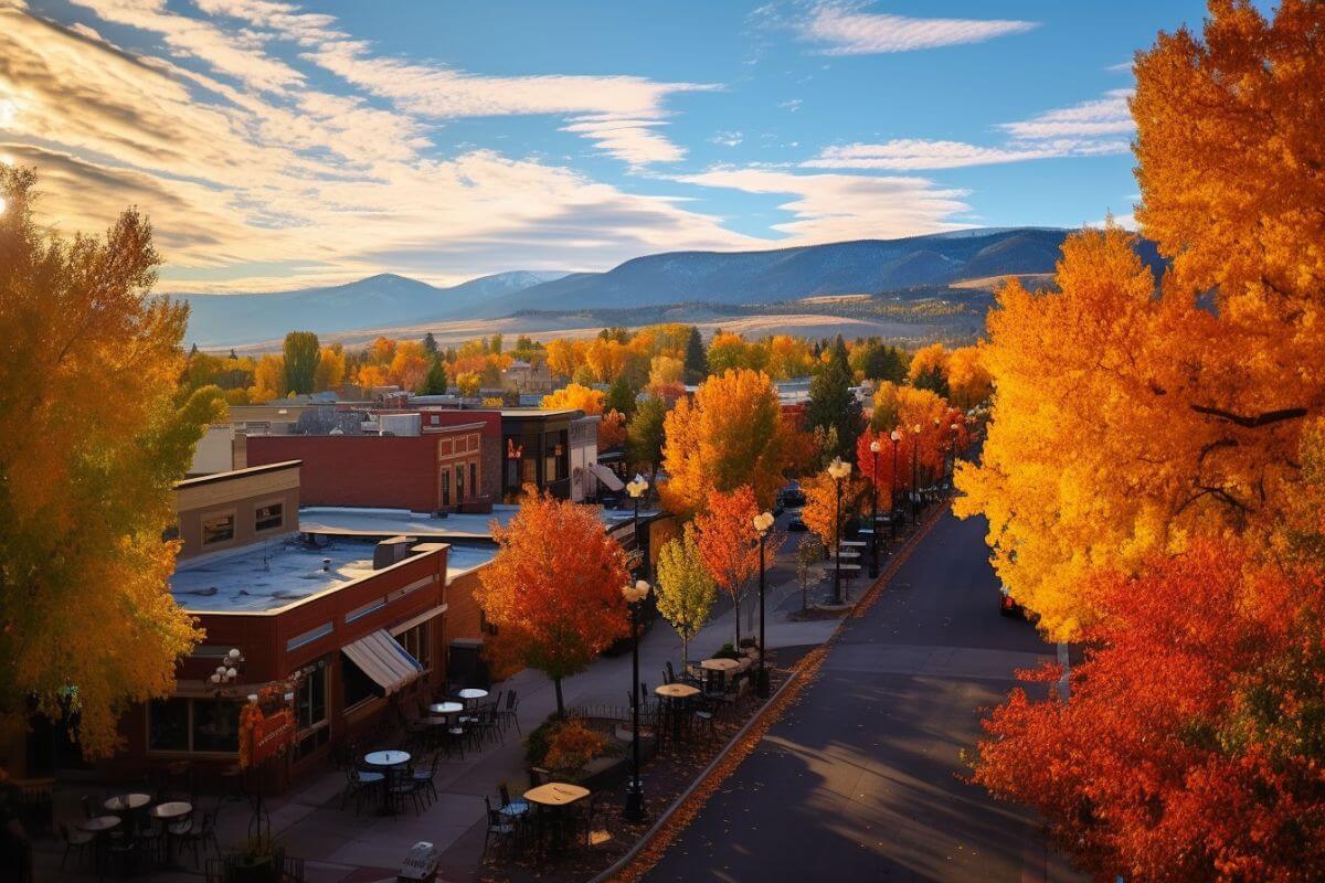 A town in Montana with vibrant fall foliage.