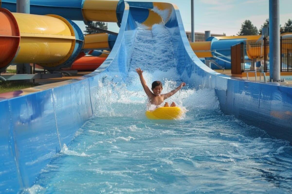 A boy slides down a giant water slide at Ridge Waters Waterpark using a yellow plastic float. 