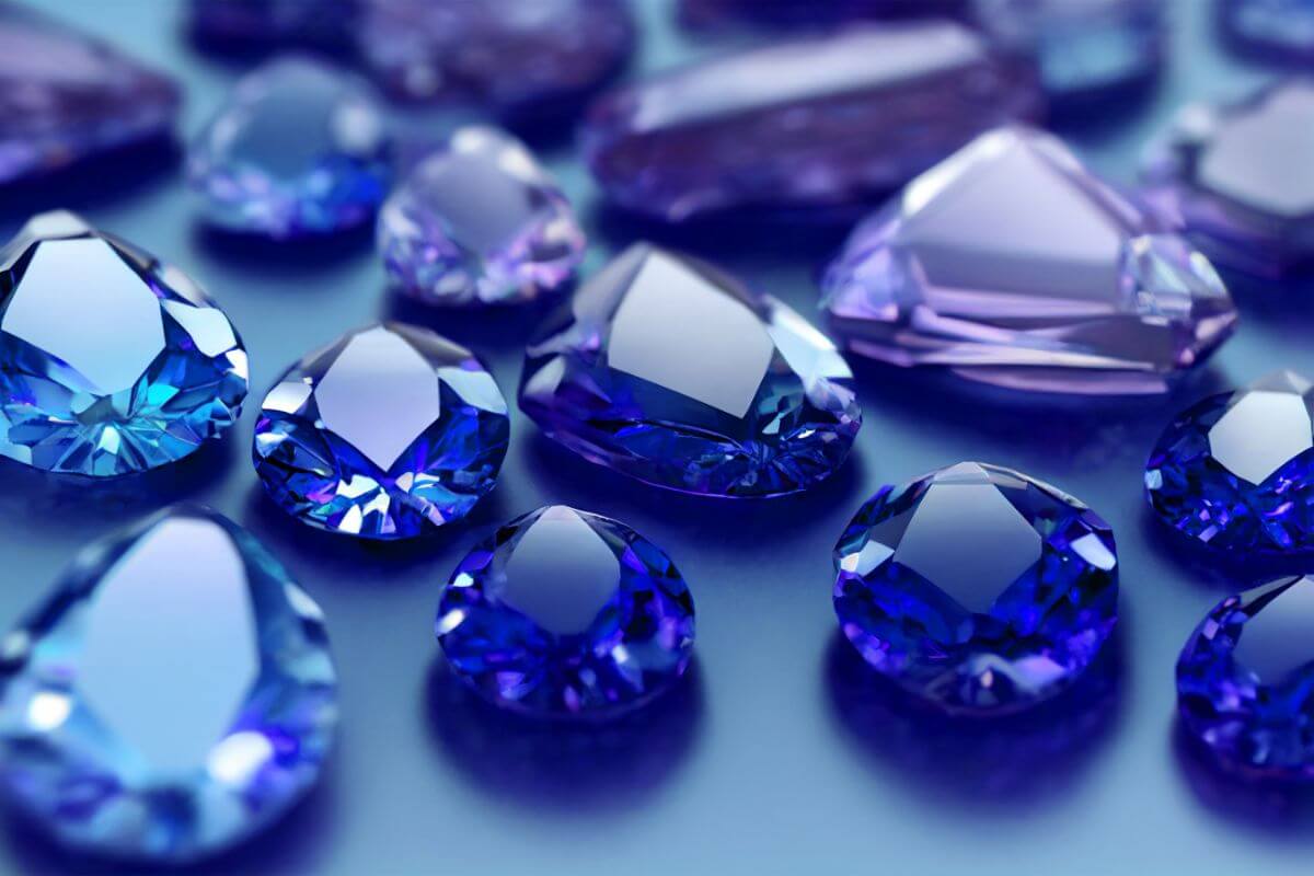 A group of blue Montana Yogo sapphires on a blue surface.