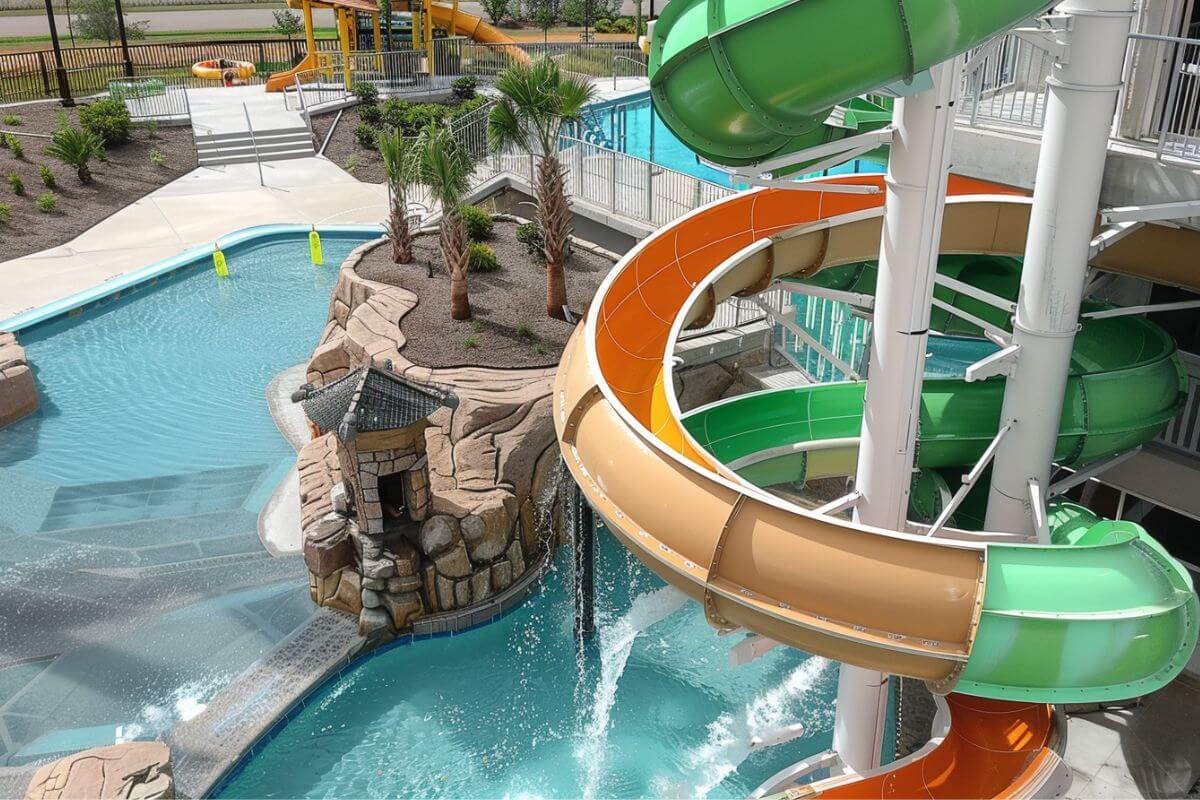 Oasis Waterpark in Montana, featuring a spiral water slide and refreshing pool