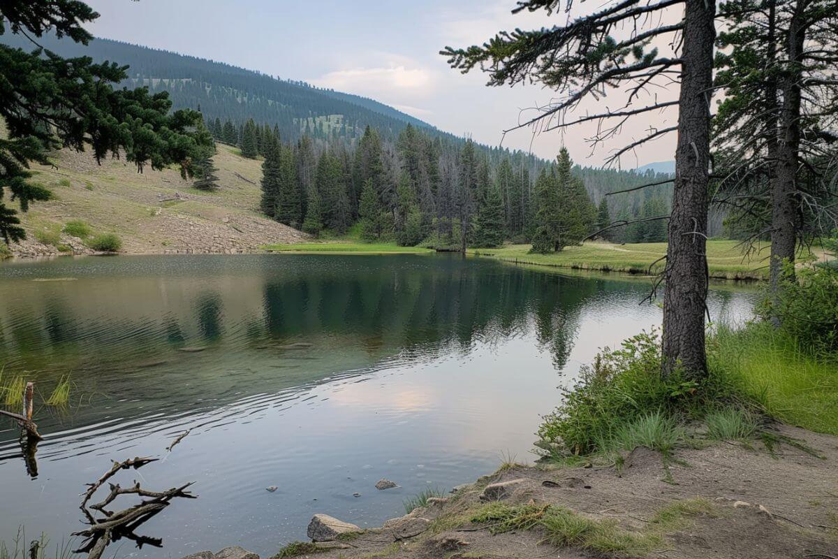 A serene mountain lake surrounded by pine-covered hills near the Rat Lake Trailhead.