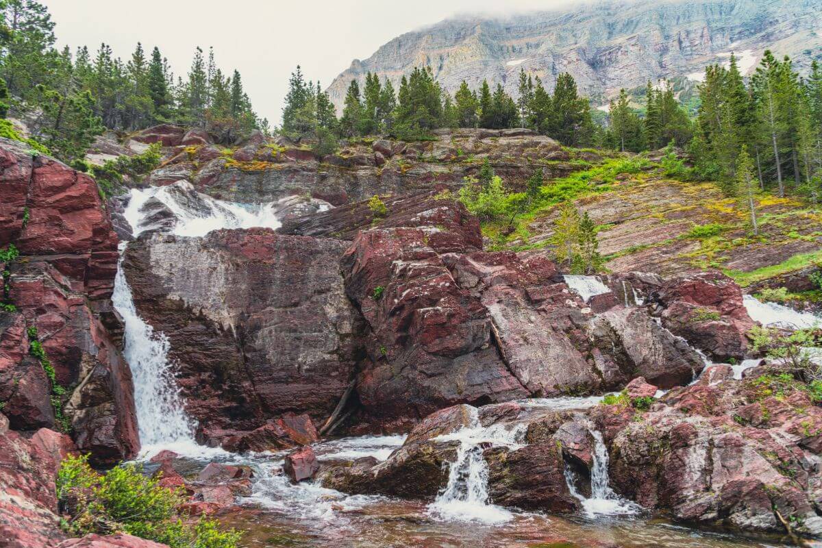 Redrock Falls cascade through large red rocks in a forested mountainous area of Montana, surrounded by green pine trees and moss-covered rocks. 