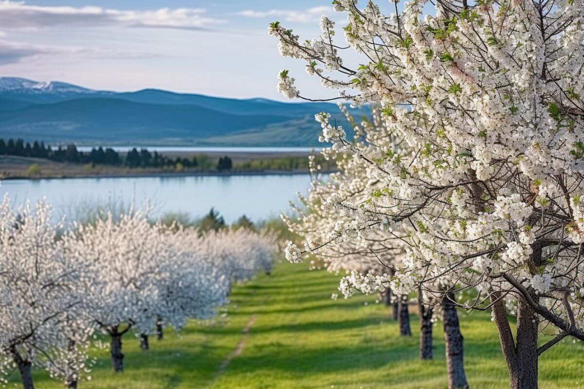White Cherry Blossom trees around Flathead Lake in Montana.