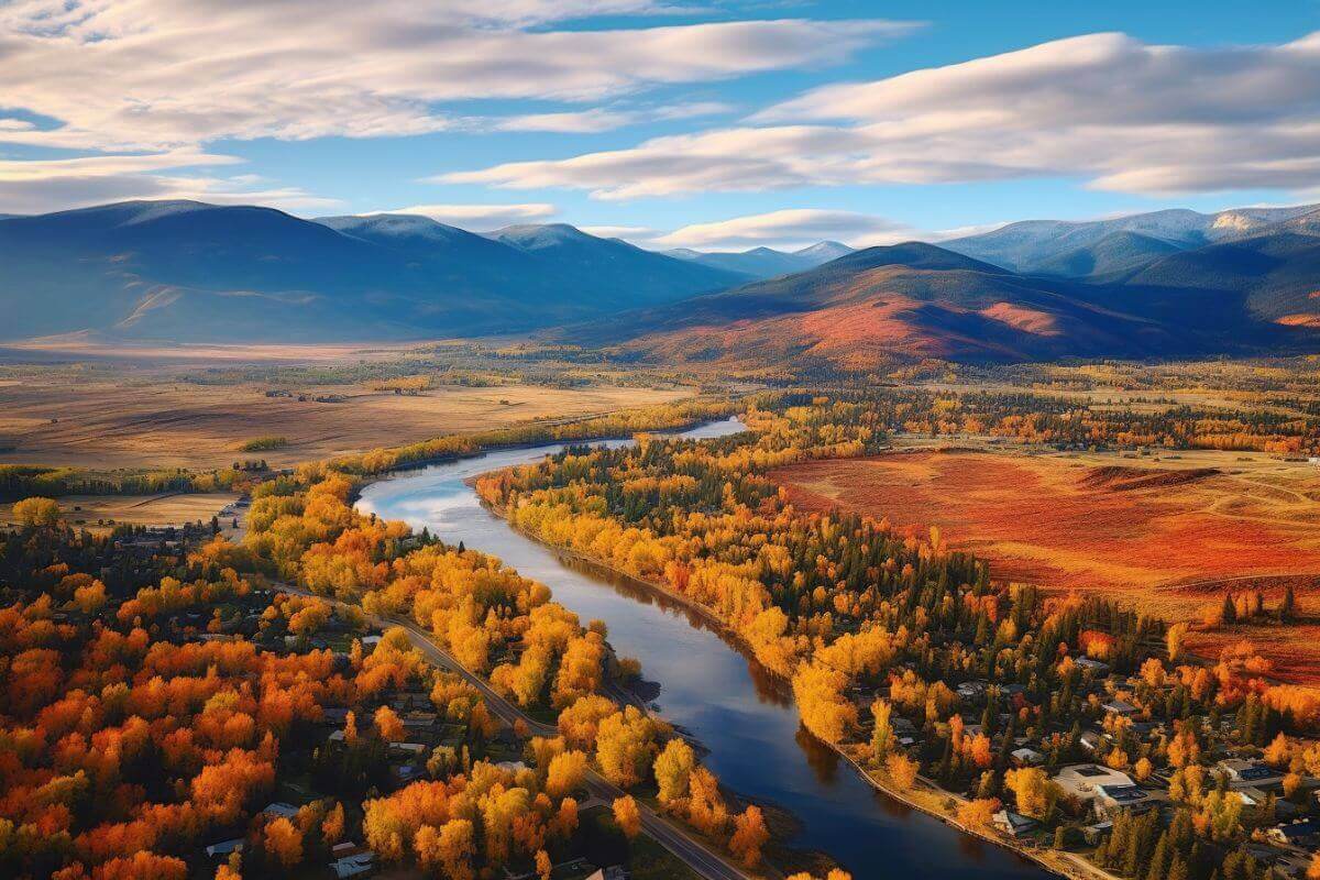 A breathtaking aerial view of a Montana river in the picturesque fall season.