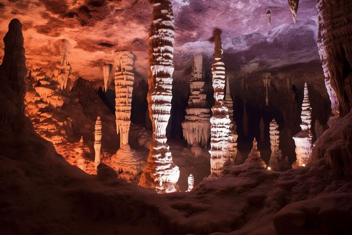 A cave in Montana adorned with stunning stalactites and stalagmites.