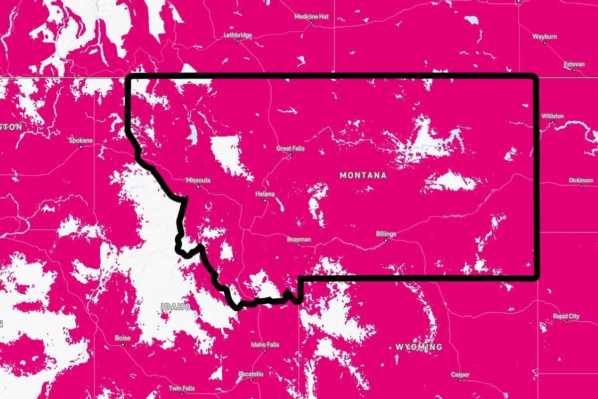 A map displaying the cellular coverage of T-Mobile in Montana.