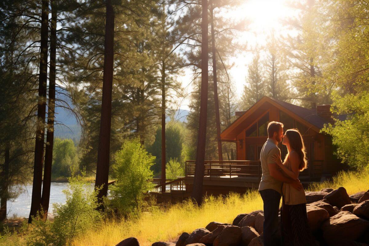 A couple stands on rocks, arms around each other, outside their cabin in the Montana woods.