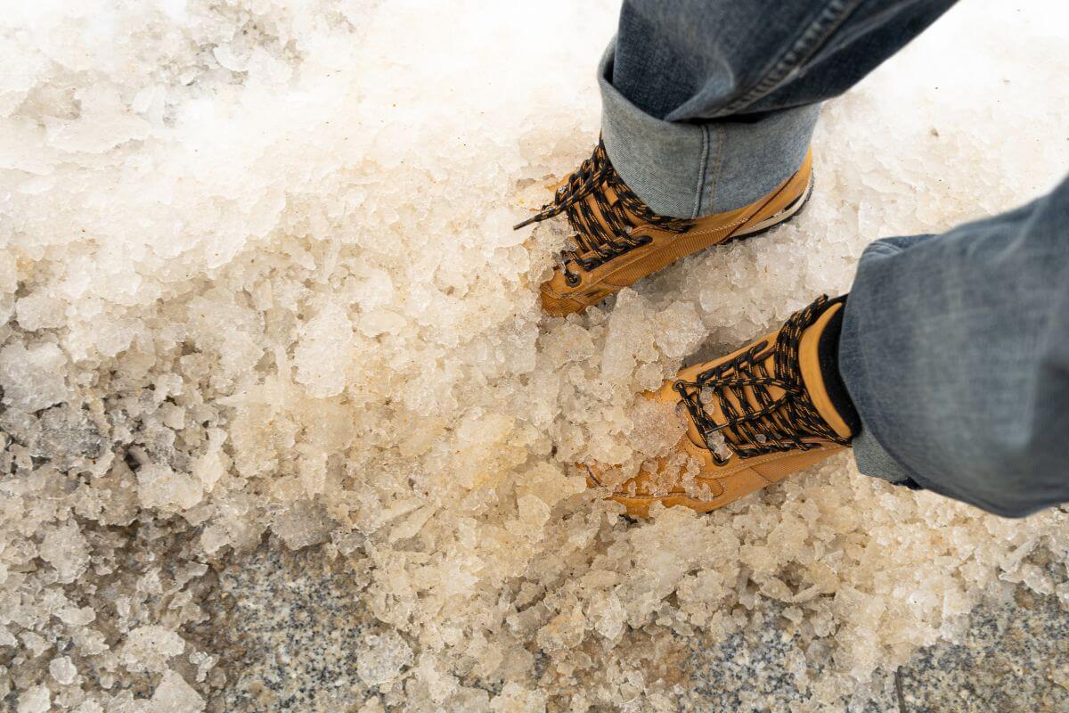 A person's winter boots partially covered in ice