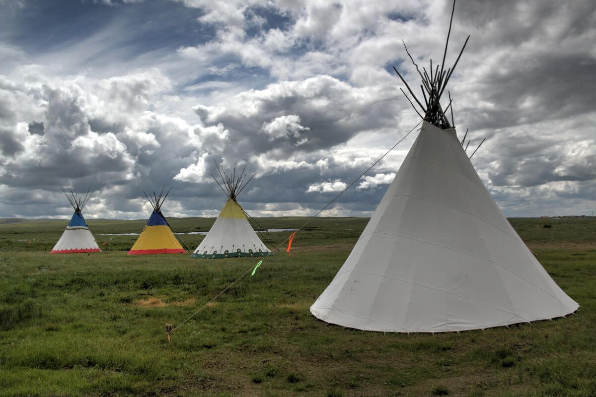 Teepees in a field under a cloudy sky.
