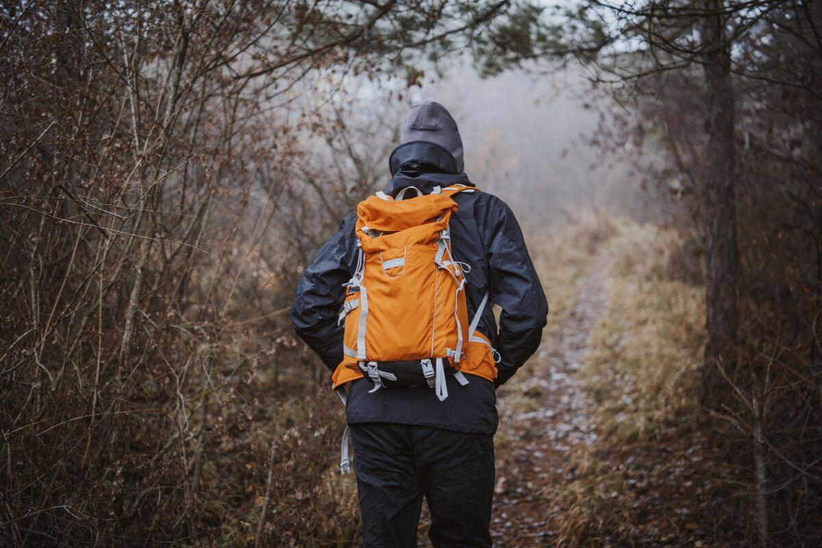 A man with an orange backpack walking through the woods in Montana.