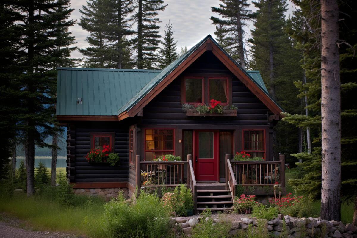 A small cabin with a red door in the Montana woods.