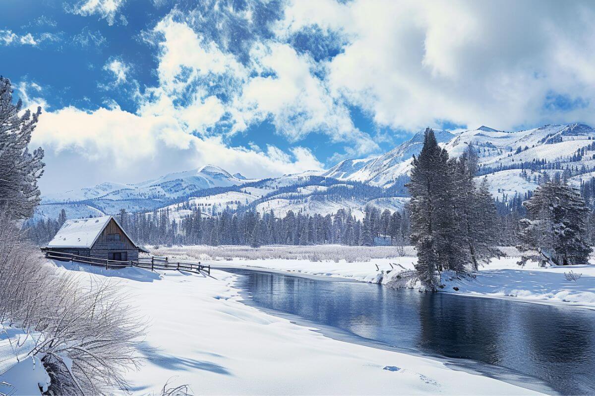 Winter scene in Montana, with snow-covered mountains and a river glistening in the sunlight.