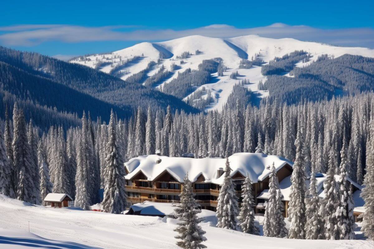 Big Sky Resort, a ski resort nestled in the snow-covered trees of Montana.