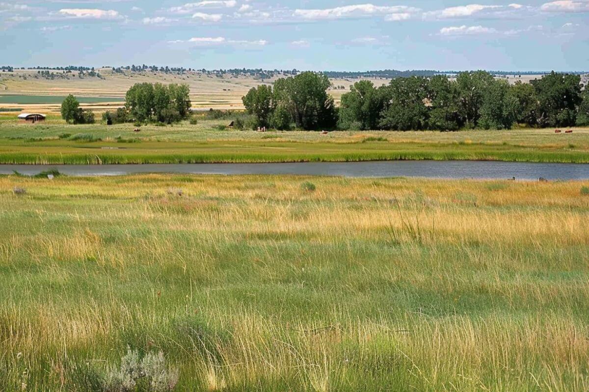 A landscape of open grasslands with tall, green and golden grasses surrounds a lake at Black Coulee Wildlife Refuge in Montana.