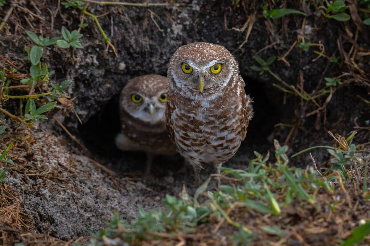 Two burrowing Montana owls peek out from their burrow surrounded by grass and small plants.