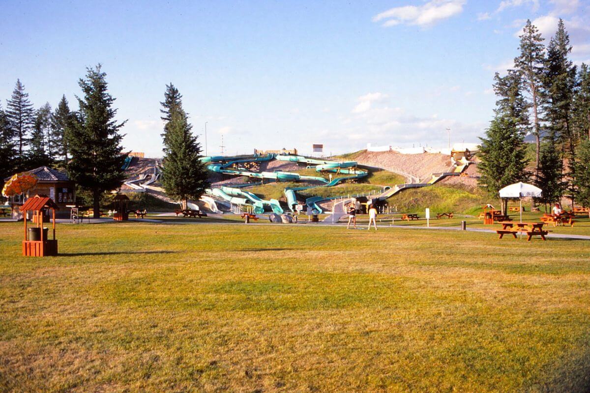 A grassy area with benches and a water slide
