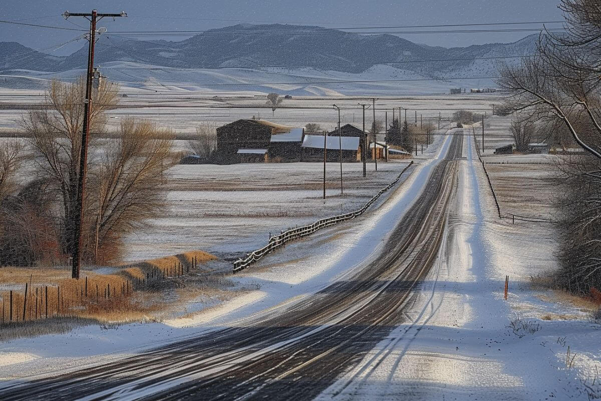 A quiet road in Fairfield, Montana during winter